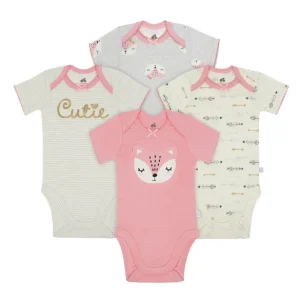 Pack de 4 Bodies orgánicos de manga corta con diseño de zorro, Tallas 3M y 6M